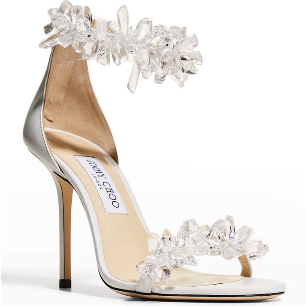 New Jimmy Choo White Maisel 100 Crystal Embellished Leather Sandals 38 - Picture 3 of 17
